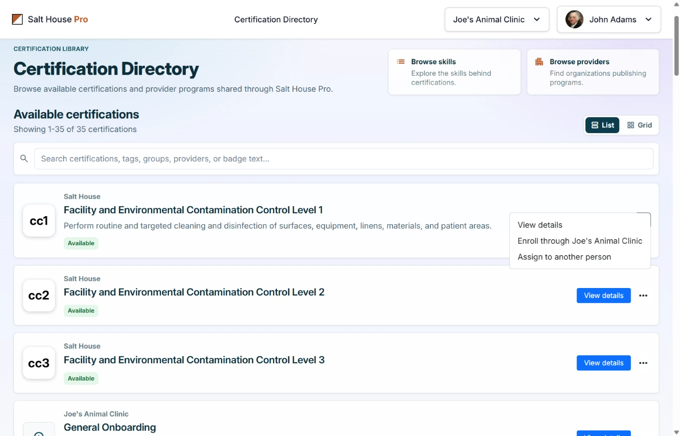 Grid of certification cards showing certification title, provider, competency indicators, and skill counts