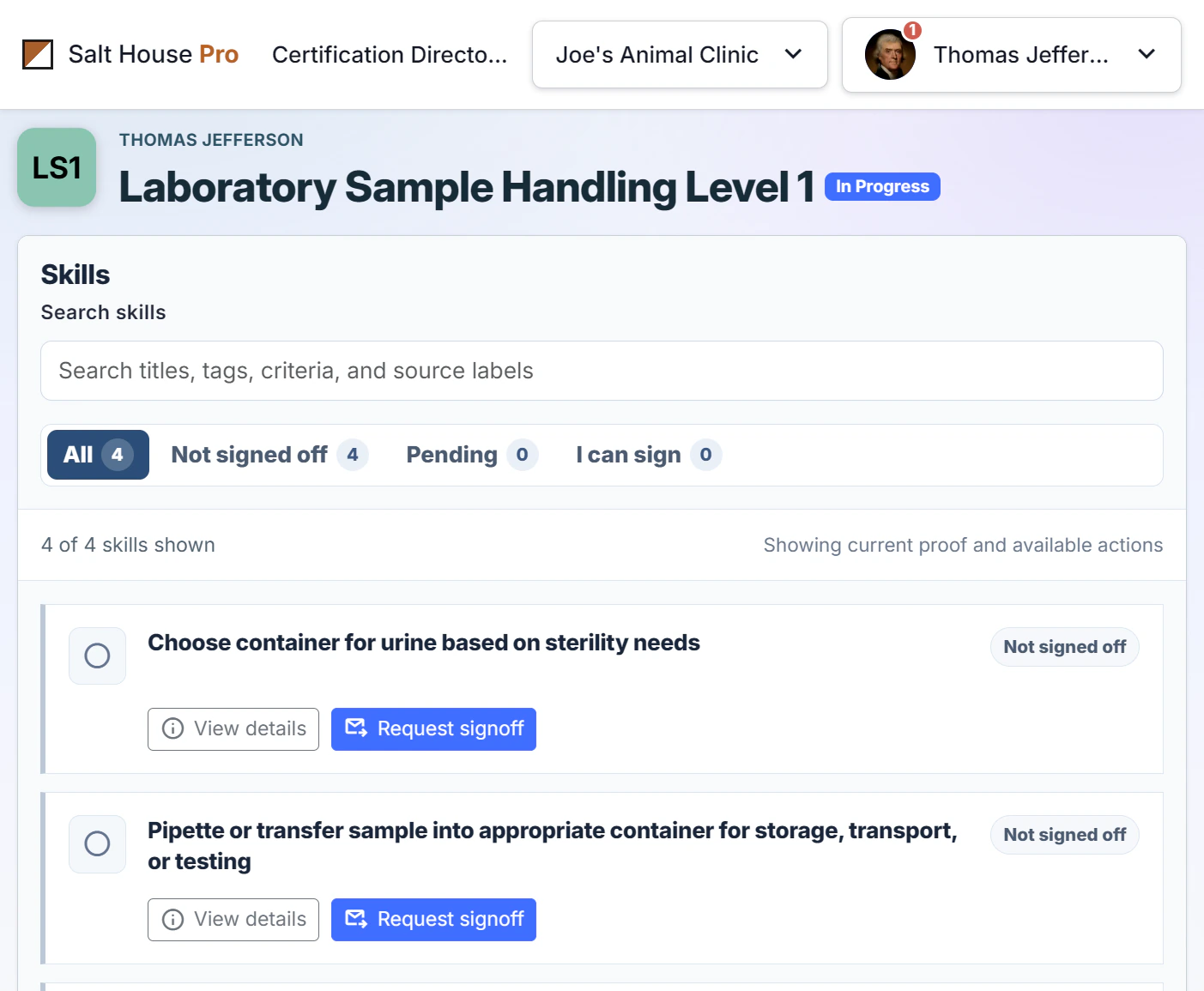Skill checklist with nested competencies and sub-skills