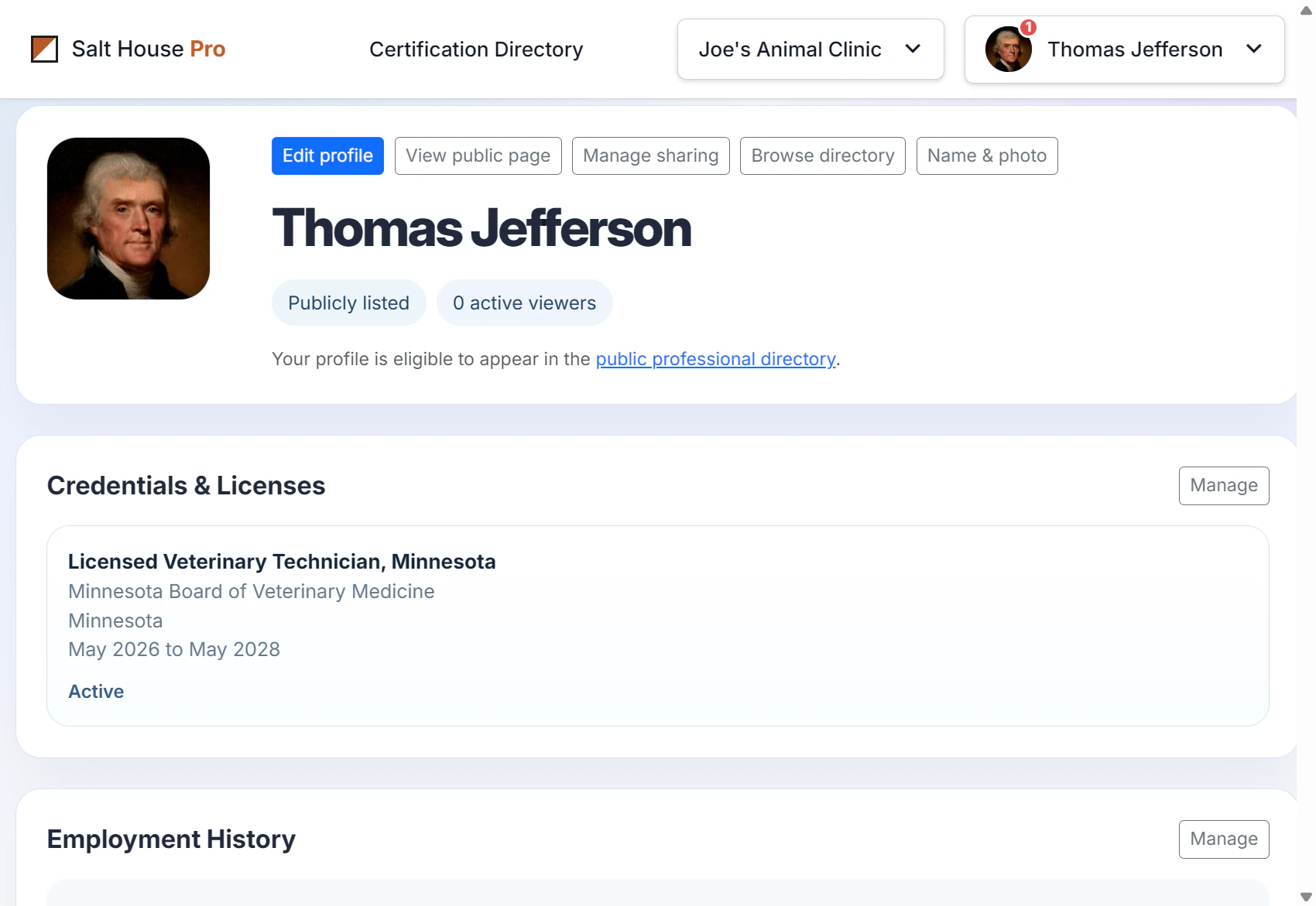 Profile page showing certifications, skill progress, work history, education, and CE activity