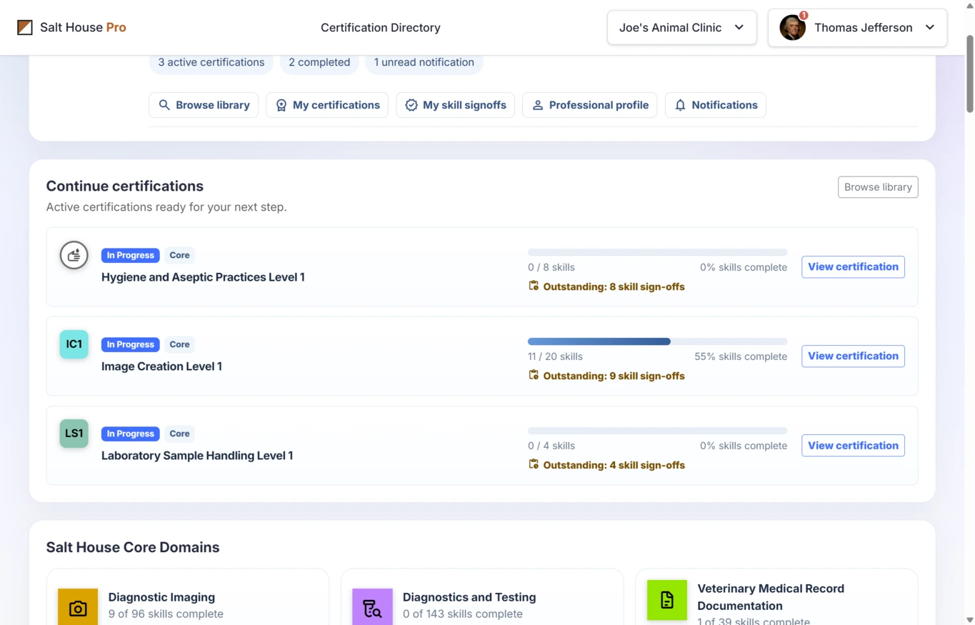 Certification progress with skill completion indicators